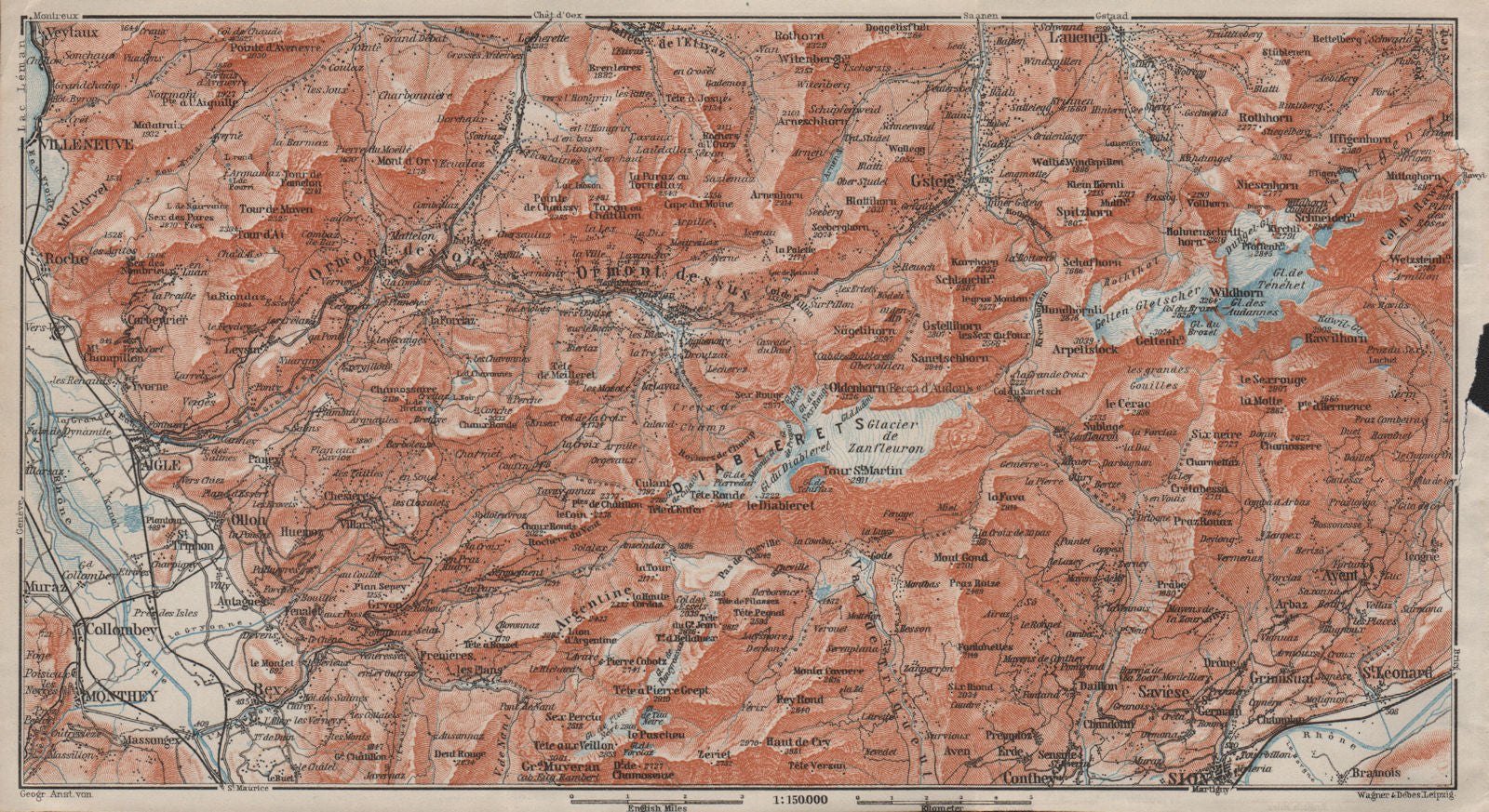 AIGLE DISTRICT.Les Diablerets Villars Gryon Leysin Les Mosses Ormont 1909 map